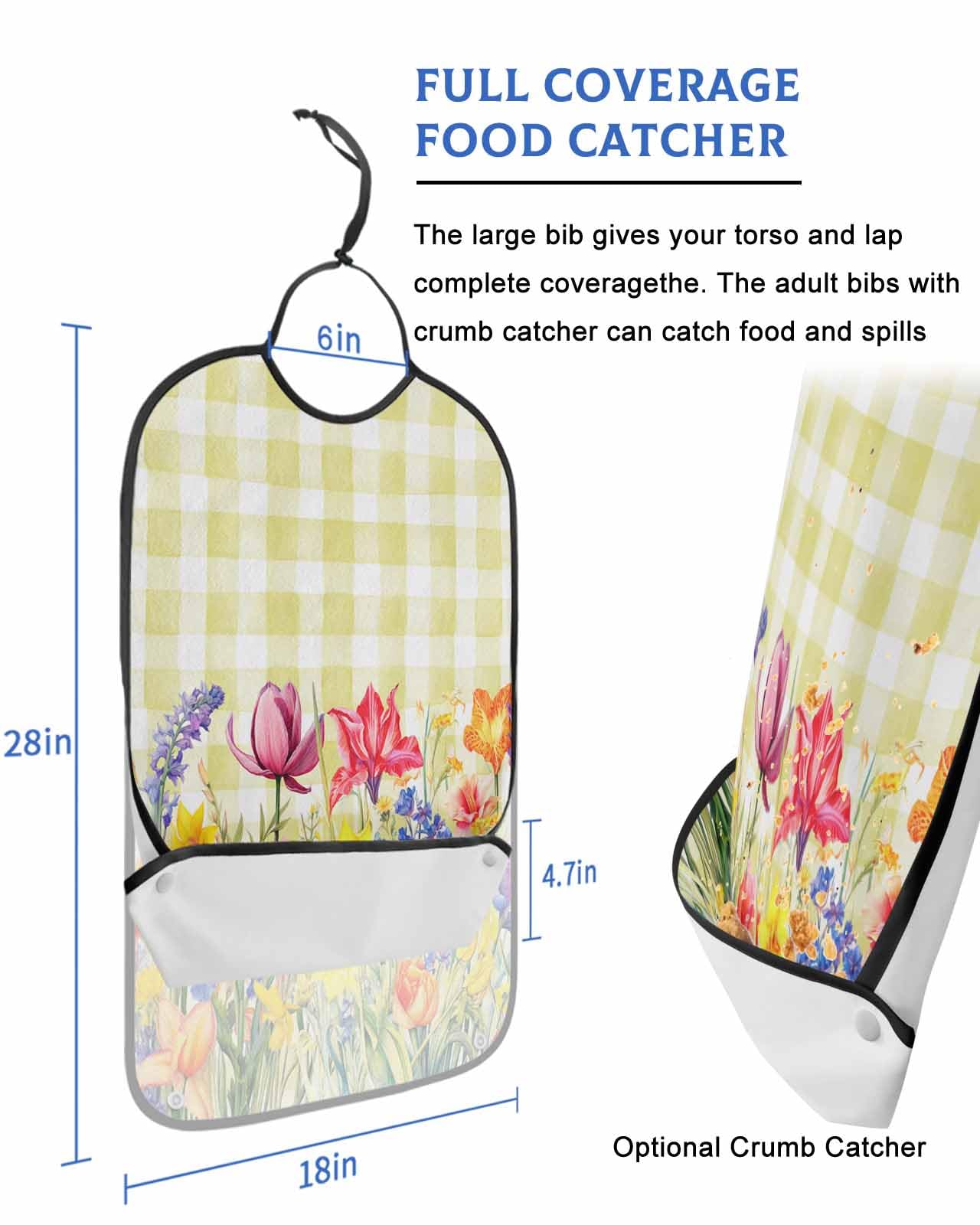 LEOKOTI Yellow Plaid Tulip Adult Bibs for Eating, Waterproof Bibs with Food Catcher & Adjustable Snap Closure, Spring Floral Watercolor Botanical Washable Clothing Protectors Adult Bibs for Elderly