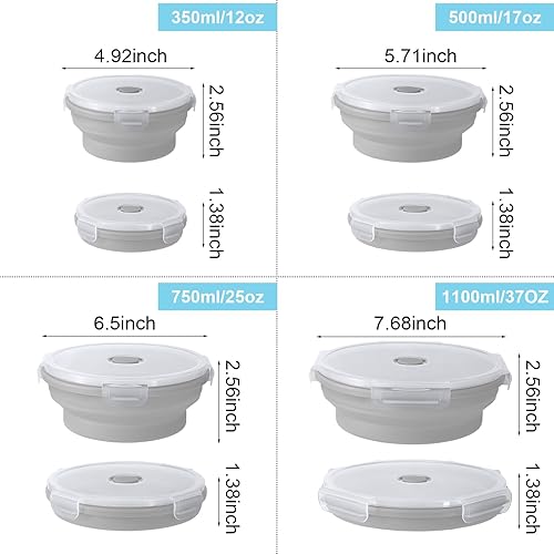 Miniatura 3 de Zhehao Juego de 8 recipientes de silicona para almacenamiento de alimentos, recipientes plegables con tapas, reutilizables, plegables, lonchera