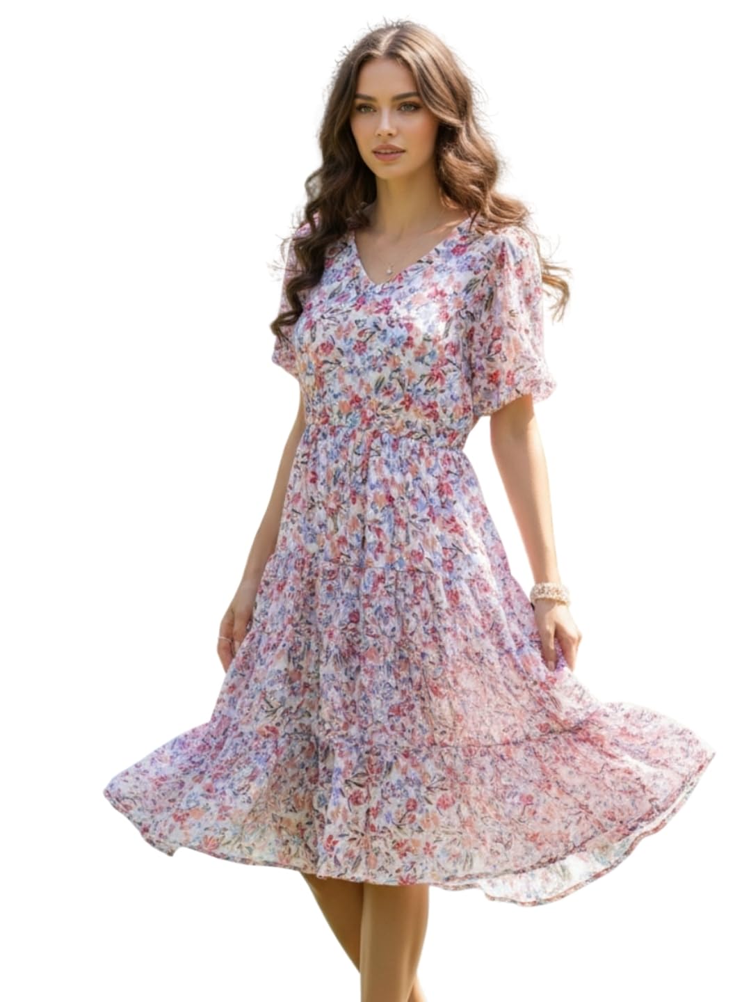 sera classics Women's Chiffon Multi Floral Printed V-Neck Fit and Flare Short Sleeves Midi Dress-picture-24