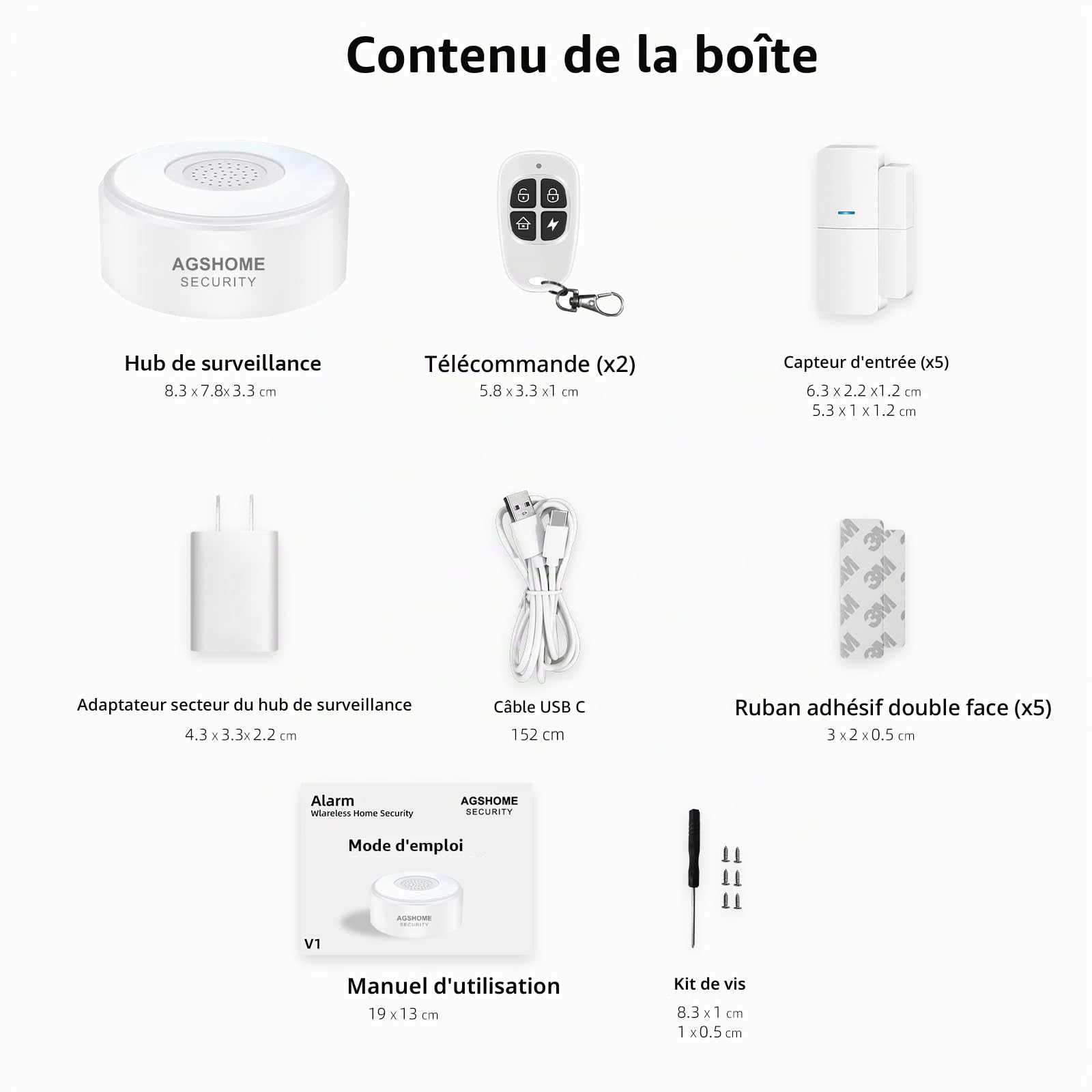 AGSHOME Alarme Maison sans Fil Intelligent WiFi - Alarme de Porte, 1 Alarme avec Sirène, 5 Capteurs de Fenêtre et de Porte, 2 Télécommande, Compatible avec Alexa, Google Assistant