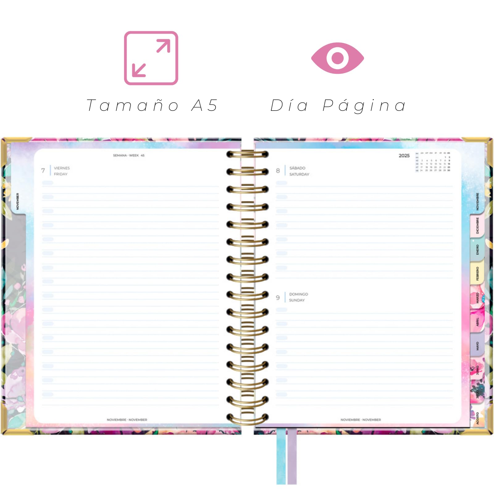Takenote Academic Diary 2025 2026 - A5 Size (16.5x20.5 cm), Day per Page, Academic Format September to August, Double Wire-O Binding, Bilingual: Spanish & English - Sophie - Image 2