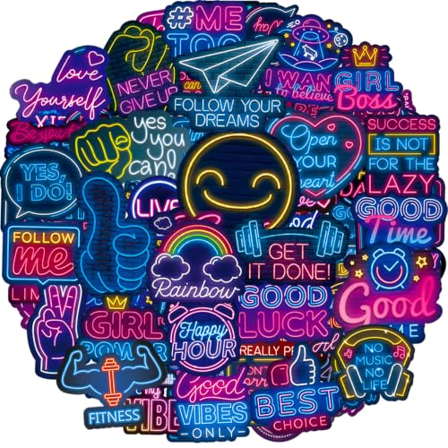 Autocollant Motivation 100 Pcs Stickers Neon Citation Positive, Imperméable Vinyle Autocollant pour Scrapbooking Gourde Valise Cahier Trottinette Journal...