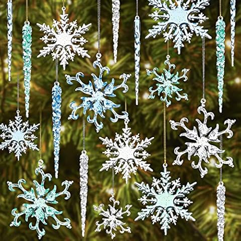 VGOODALL 38PCS Glitter Snowflakes Icicles, Snowflake Christmas Tree Ornaments Acrylic Snowflakes Icicles with Gold Sequins Inside Ornaments 3 Colors Christmas Hanging Decorations Cover