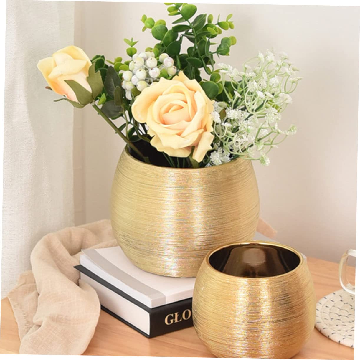 Pot de Fleurs en Céramique Plaqué Or Rond, Respirant et Lumineux, pour Succulentes, Décoration Élégante Maison Bureau
