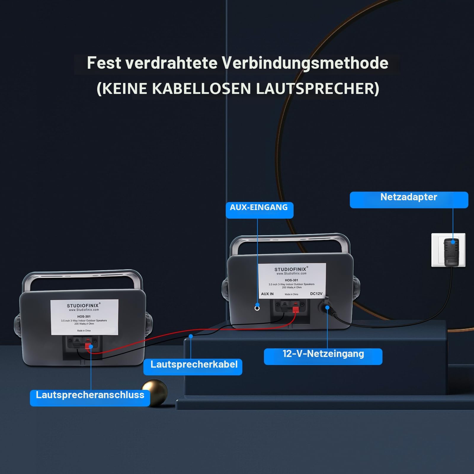STUDIOFINIX Kabelgebundene Outdoor-Bluetooth-Lautsprecher -3,5 Zoll Paar 3-Wege 200W, Wandhalterung wasserdicht Marine-Lautsprecher, Heavy Duty Grill, geeignet für Haus, Boot, Terrasse（Schwarz）