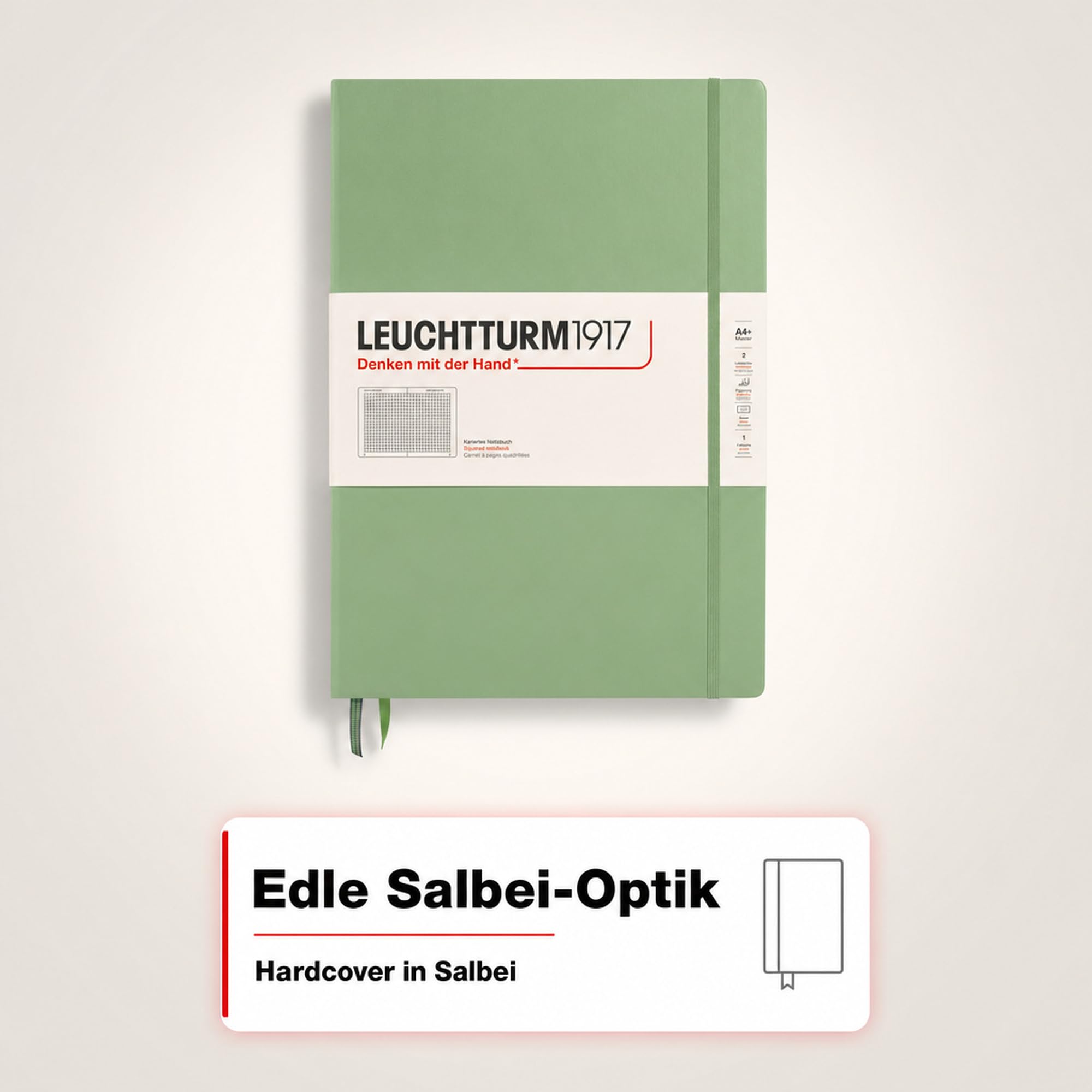LEUCHTTURM1917 370262 Taccuini Master Classic A4+ Copertina rigida, 235 pagine numerate, Sage, Quadretti
