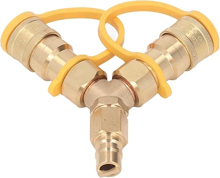 Gonetre Gas Y Splitter Gas Quick Connect Adapter Durable Brass Two Way Gas Splitter for Grills Generators Patio Heaters Pizza Ovens 3/8 Inch