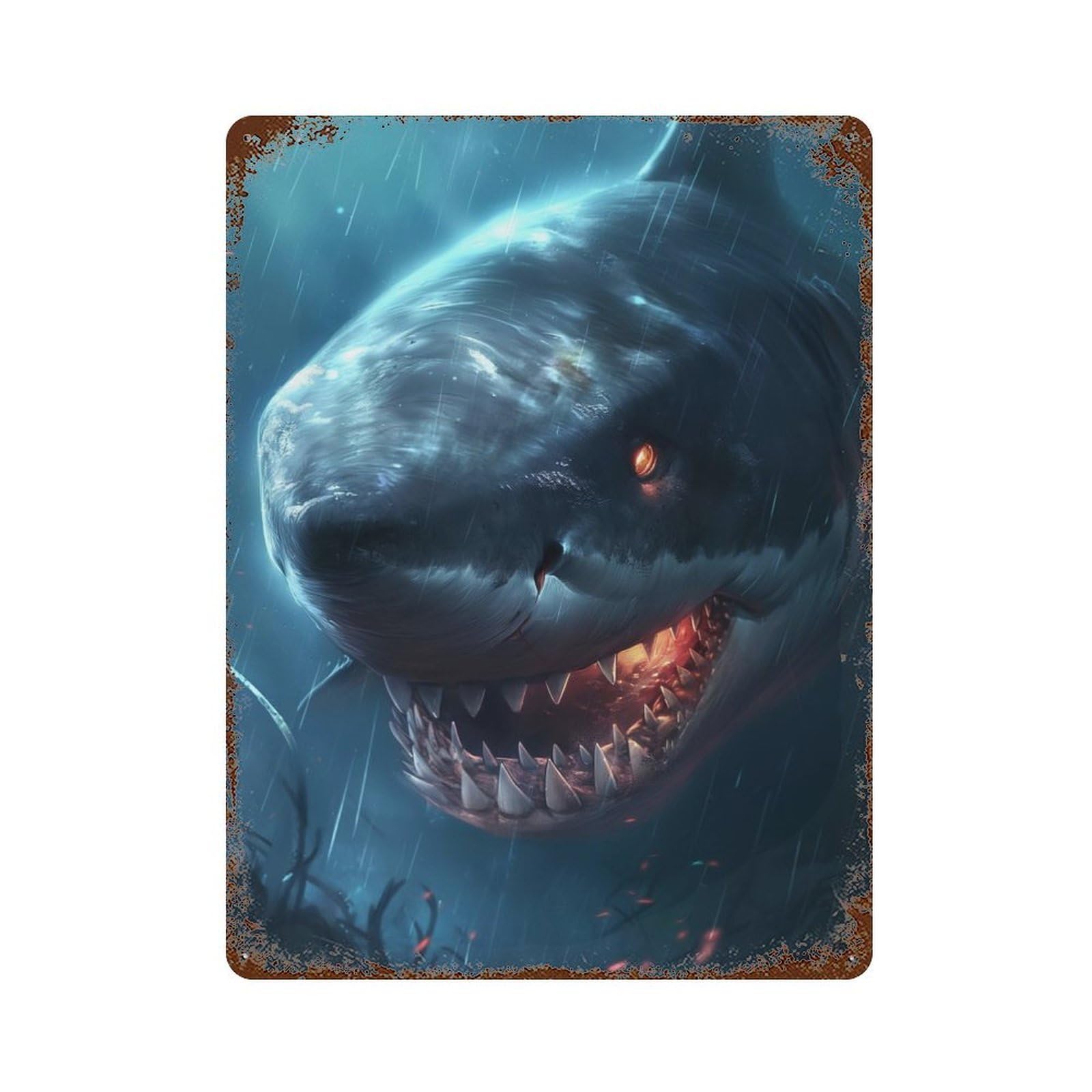 Fantasy Shark Scary Glow 15.7"x11.8" Vintage Metal Tin Sign, Novelty Wall Decor for Basement, Hobby Room And Garage Decor