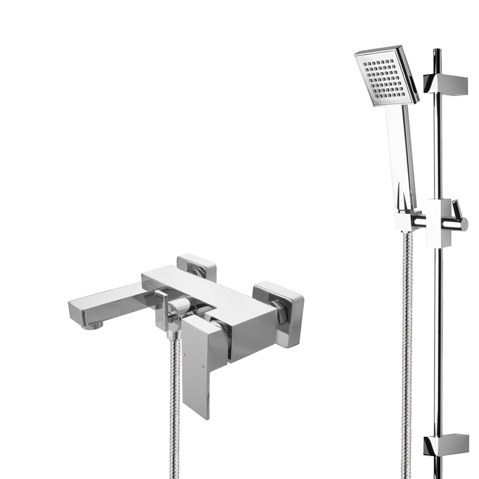 Set Rubinetteria per Vasca Aperto Quadrato 2 Vie con Commutatore e Barra Doccia, Ottone Cromato, Distanza Fori 15 cm, Montaggio a Parete