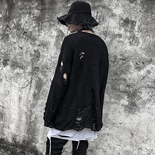 Zhiyouni Womens Punk Gothic Sweater Loose Oversized Striped Ripped Pullover Knit Sweaters3