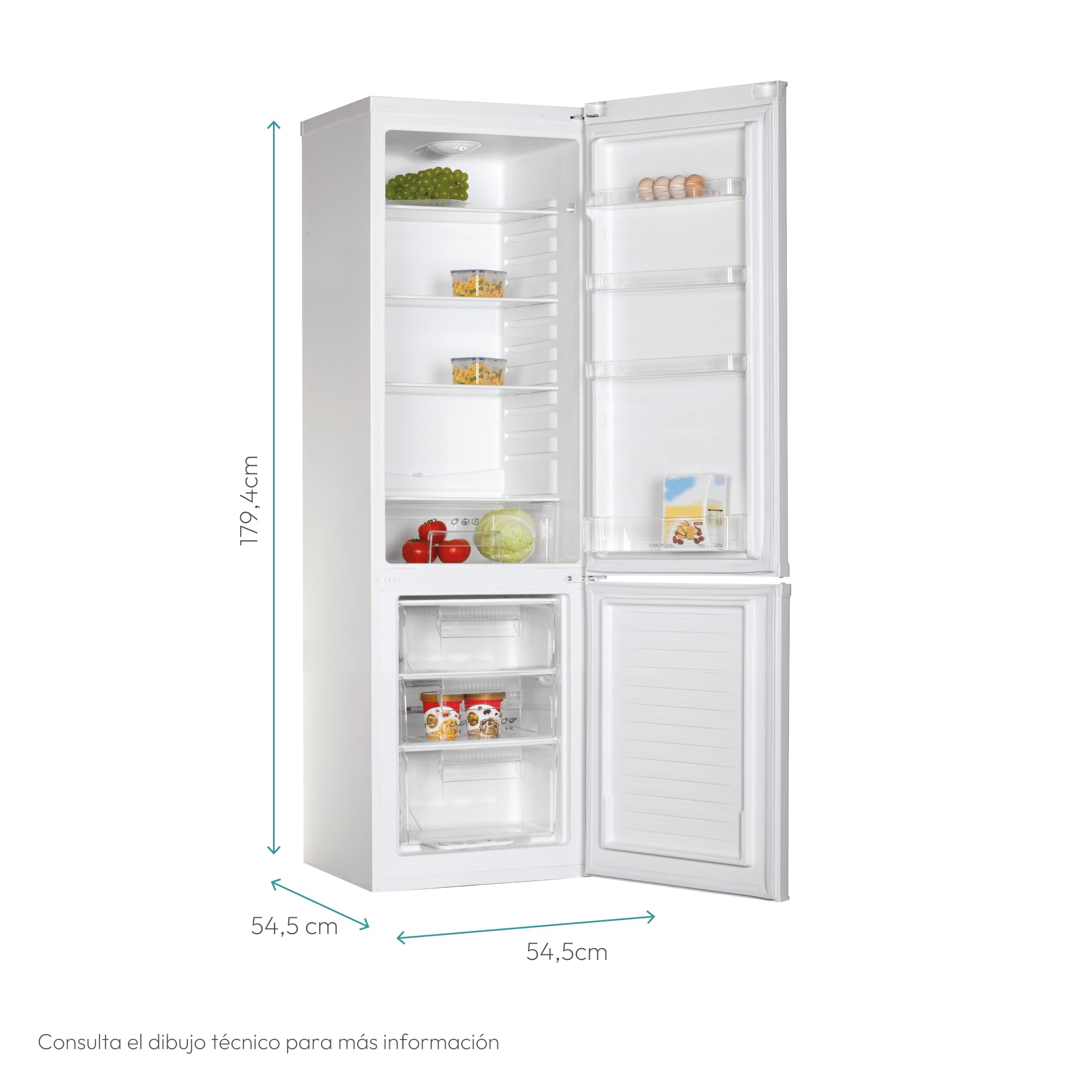 CANDY CCG1S 518EW - Frigorífico Combi, Ancho 55cm, Altura 1,80m, 252L, Cajón Verdulero, Control Mecánico de la temperatura, Iluminación LED, Puerta Reversible, 41DB, Blanco