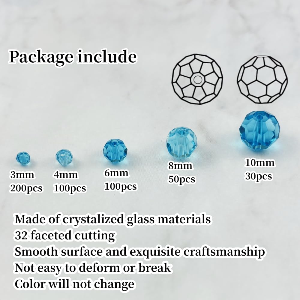 480pcs Crystal Glass Beads 3mm 4mm 6mm 8mm 10mm Round Faceted Glass Spacer Beads for Bracelets Necklace Earring DIY Jewelry Making Craft(Lake Blue) - Image 2