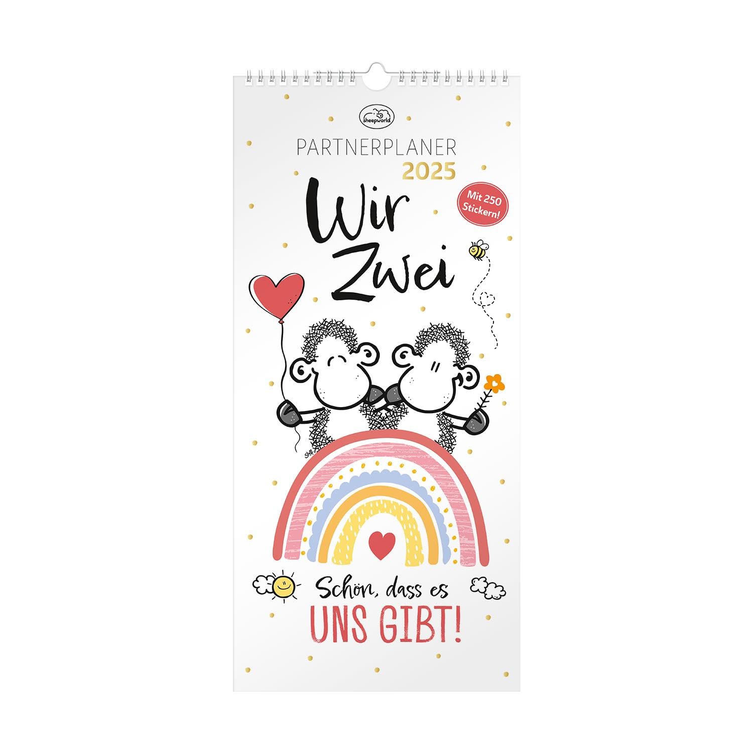 Sheepworld Partner Planner 2025: Wir Zwei. Schön, dass es uns gibt.. Wall Calendar with Twelve Monthly Pages with 4 Columns for Planning, Spiral Bound, Includes Sticker Sheet with 250 Stickers