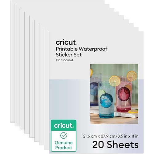 Cricut Printable Waterproof Sticker Set, 20 Transparent Sheets (8.5" x 11") - Compatible with Inkjet Printers - For Joy Xtra, Explore, & Maker Machines