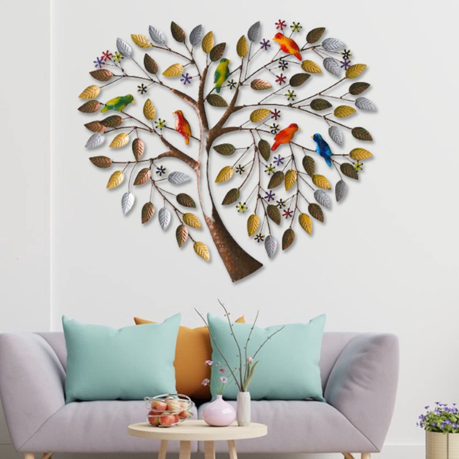 LMYSXAOZ Colorful Metal Tree Wall Art, of Life Art with 6 Birds on Branch, Leaf Sculptures, Bird Sign, Home Living Room Decor Decoration