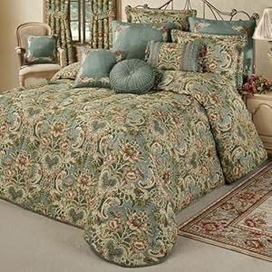 Calais Chateau Traditional Luxury Bedding | Soft Teal Chenille | Colorful Pastel Woven Classic Jacobean Floral Blossom Designs | 3 Piece Bed Set Includes Oversized Queen Bedspread and 2 Standard Shams
