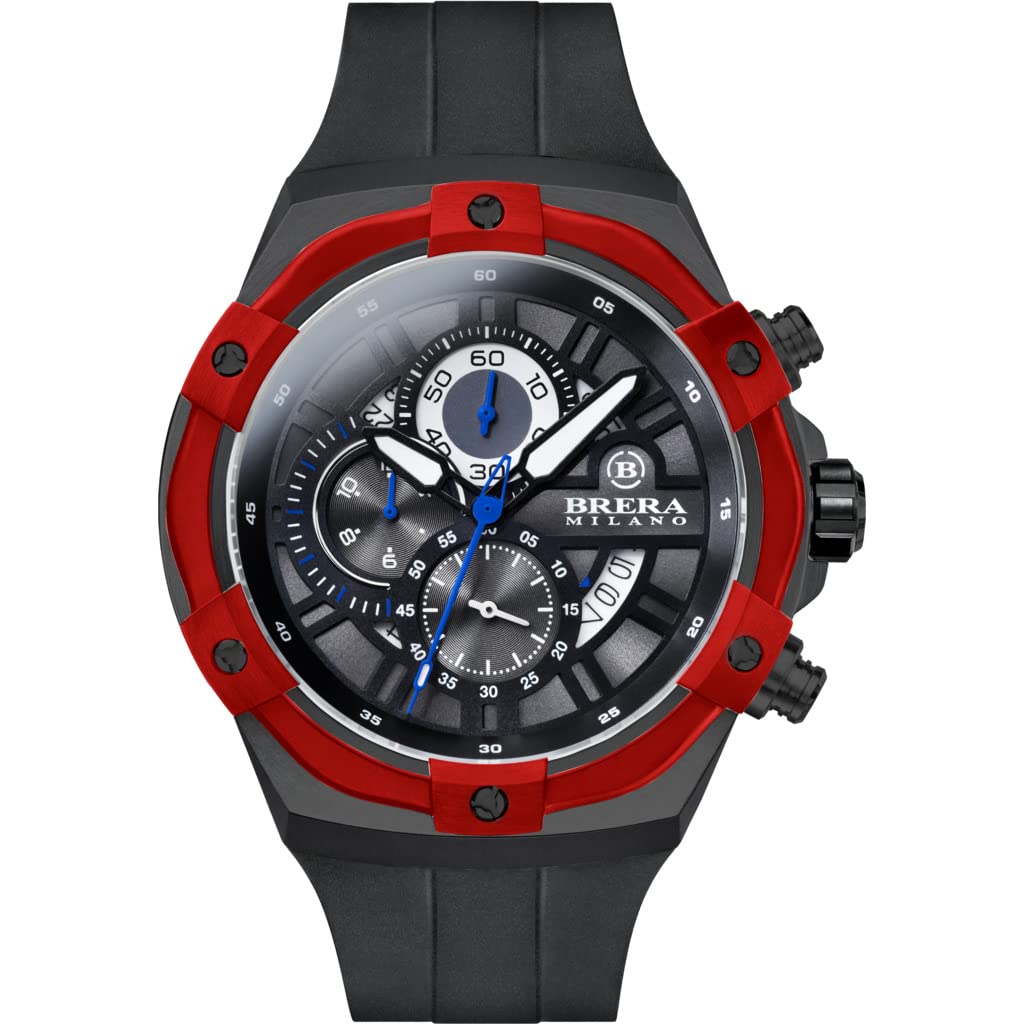 Brera Milano Men's Supersport Evo 45Mm Chronograph Quartz Watch, Black Steel Case and Dial with Red Bezel, Black Natural Rubber Strap
