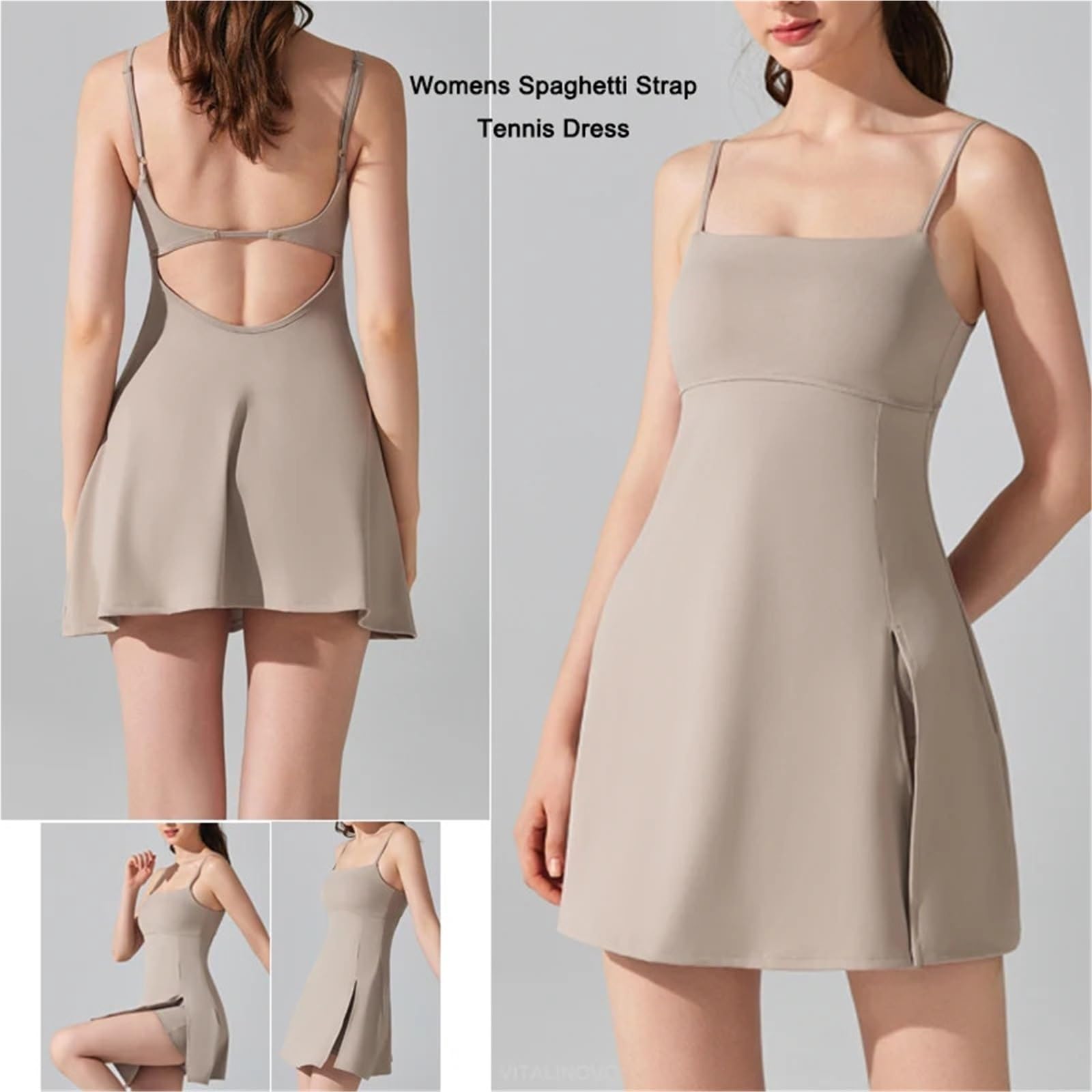 Abito da Tennis Abito da Tennis da Donna con Spalline Sottili, Scollo a Barchetta, Reggiseno Integrato, Spacco Laterale, Abiti da Golf per Golf, Tennis(Beige,S)