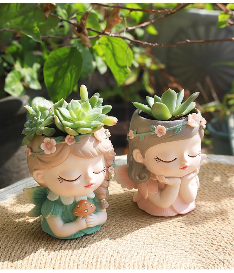 Hosoncovy Cartoon Elf Girl Succulent Plants Plant Pot Small Plant Vase Resin Planter Desk Plant Pot Home Ornament (C) - Image 4