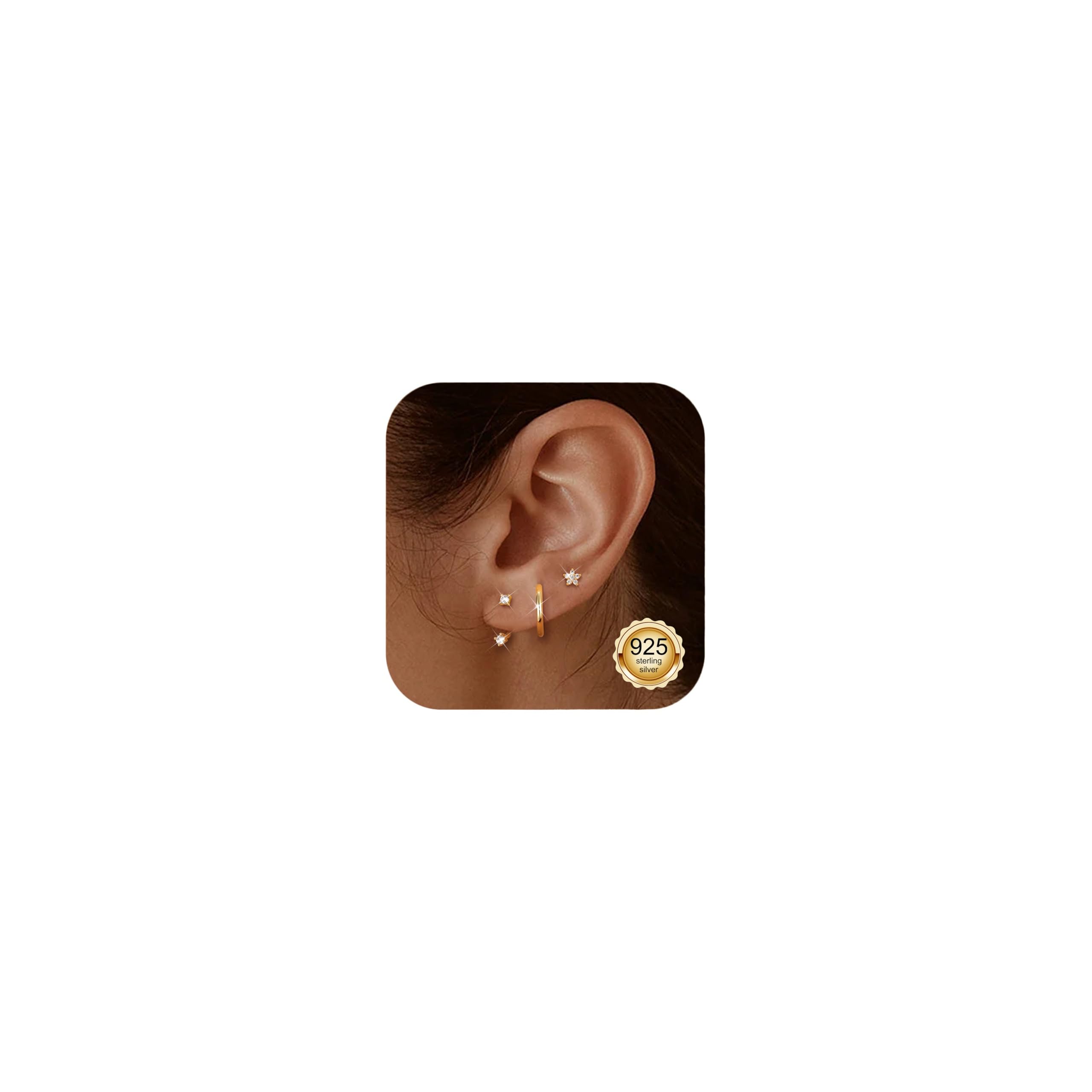 Jstyle 14K Gold Plated Earrings for Women S925 Sterling Silver Post Earring for Multiple Piercings Cartilage Stud Small Hoop Dainty Earrings Set