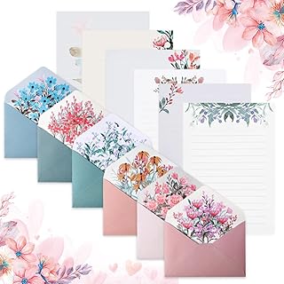 Corsehild 24 PCS Writing Stationery Paper with 12 PCS Envelops, A5 Floral Writing Paper and Envelopes Set, Lovely Flower Letter Paper Cute Lined Letter Writing Set  for Invitation Gifts (6 Sets)