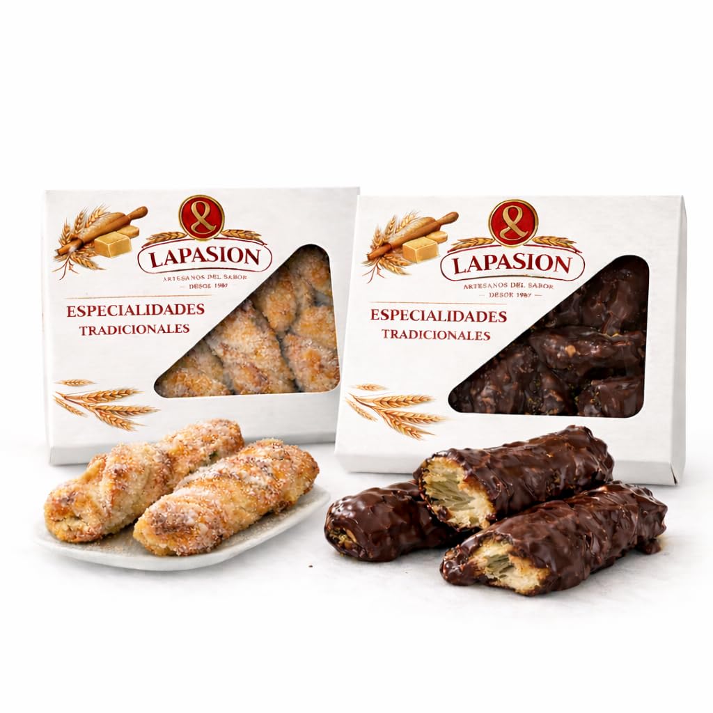 Pack Surtido Rizos de Hojaldre LaPasion | Lazos Jugosos con Azúcar + Chocolate Bombón | 2 x 550g (25 uds aprox.) | Dulces Tradicionales Españoles | Repostería Artesana para Café y Merienda