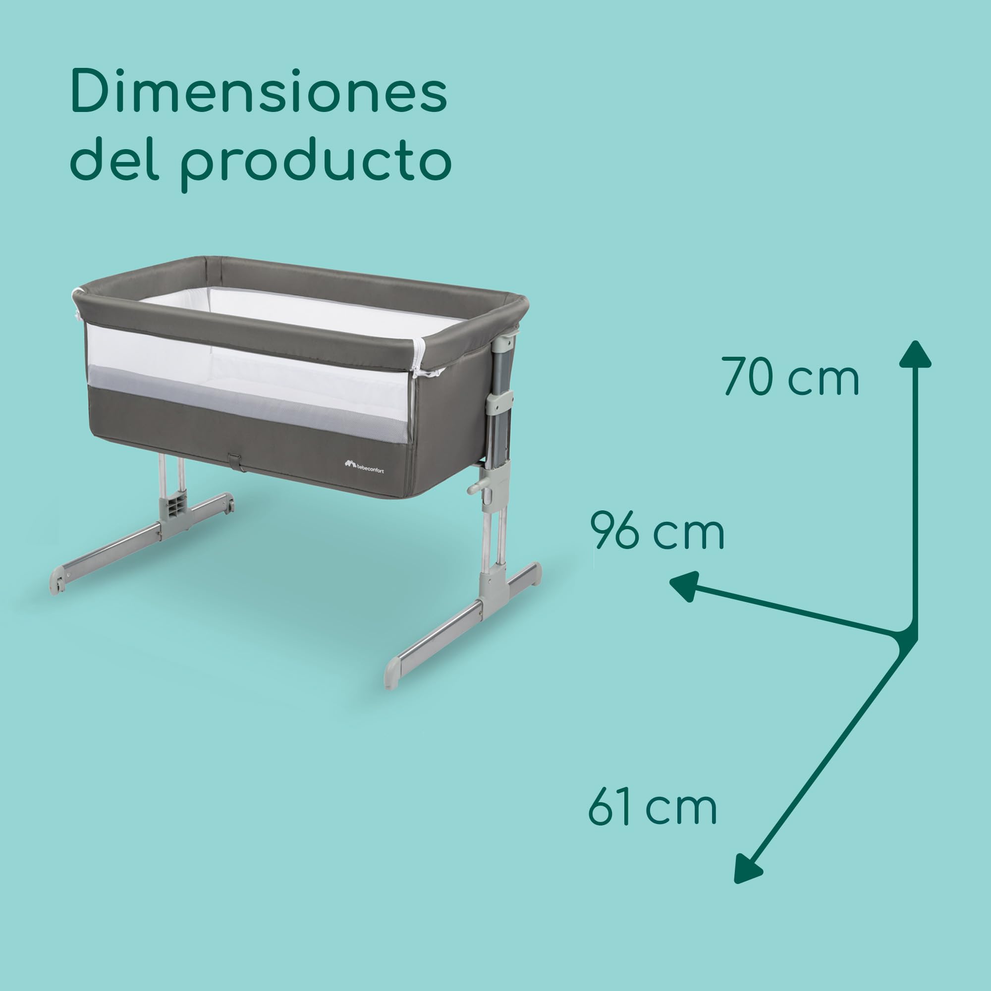 Bebeconfort Calidoo, Cuna Bebé y Moisés 2 en 1, 0-6 Meses (0-9 kg), Cuna Colecho Bebé Reclinable, 5 Alturas, Colchón Grande, Laterales de Malla, Lateral Deslizable de Fácil Plegado, Grey Mist