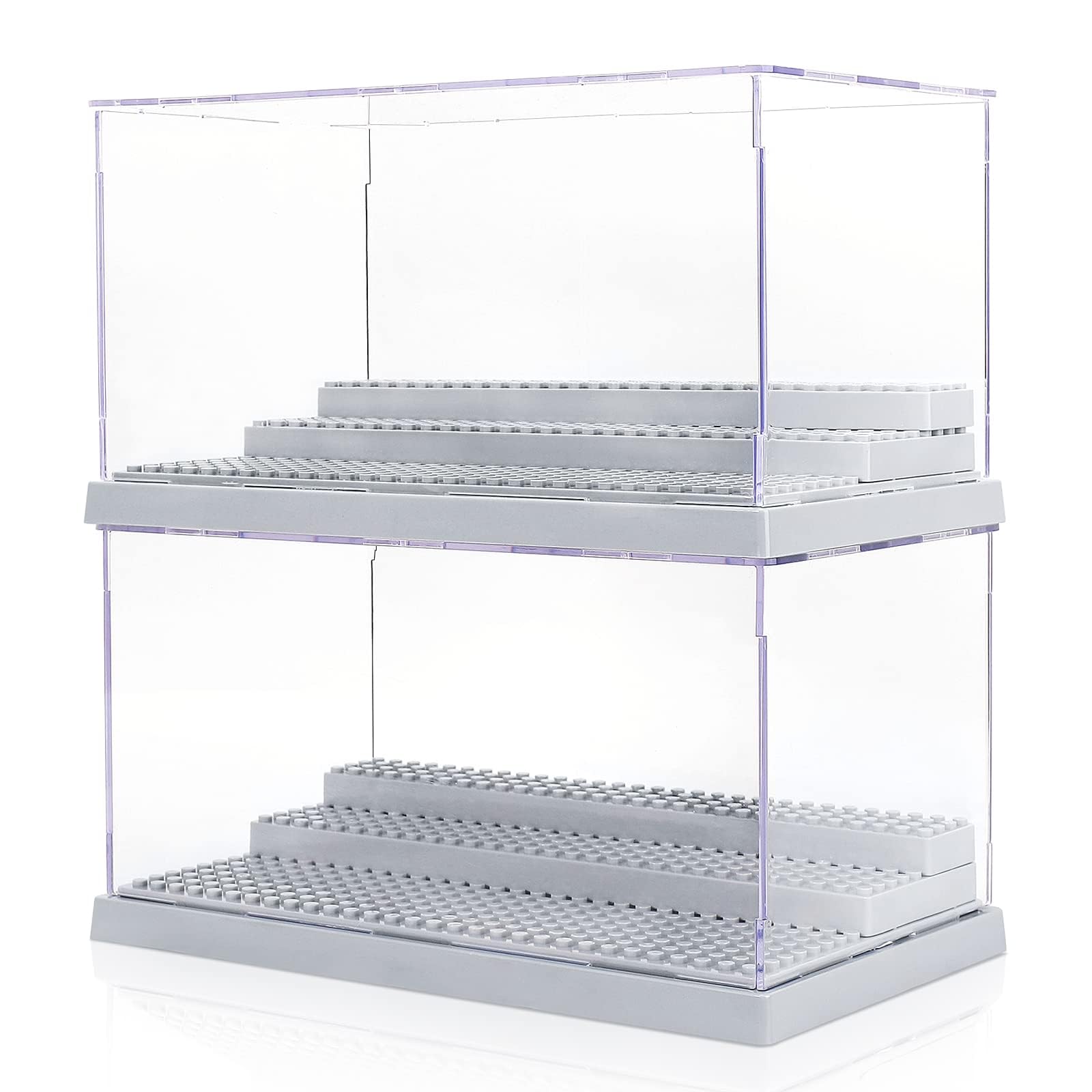 Mlikero 2 Pack Minifiguren Vitrine für Actionfiguren Blöcke, klare staubdichte Display Aufbewahrungsbox mit 3 beweglichen Schritten, Geschenke für Kinder Minifiguren Sammler (Grau)