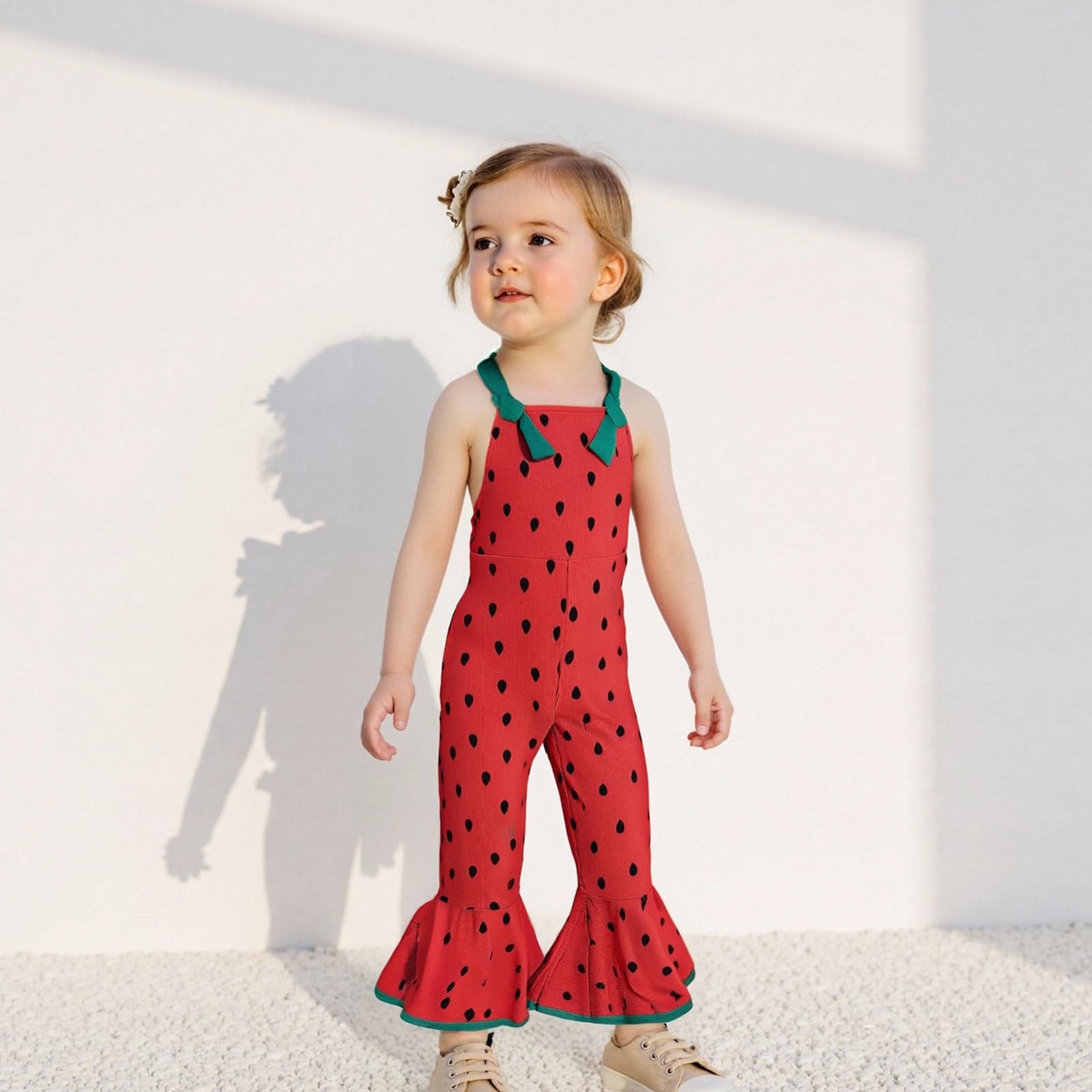 ?Toddler Girl Summer Outfits Watermelon Print Flare Pants Overalls Adjustable Strap Onepiece Jumpsuit Bell Bottoms (Red, 2-3 Years)