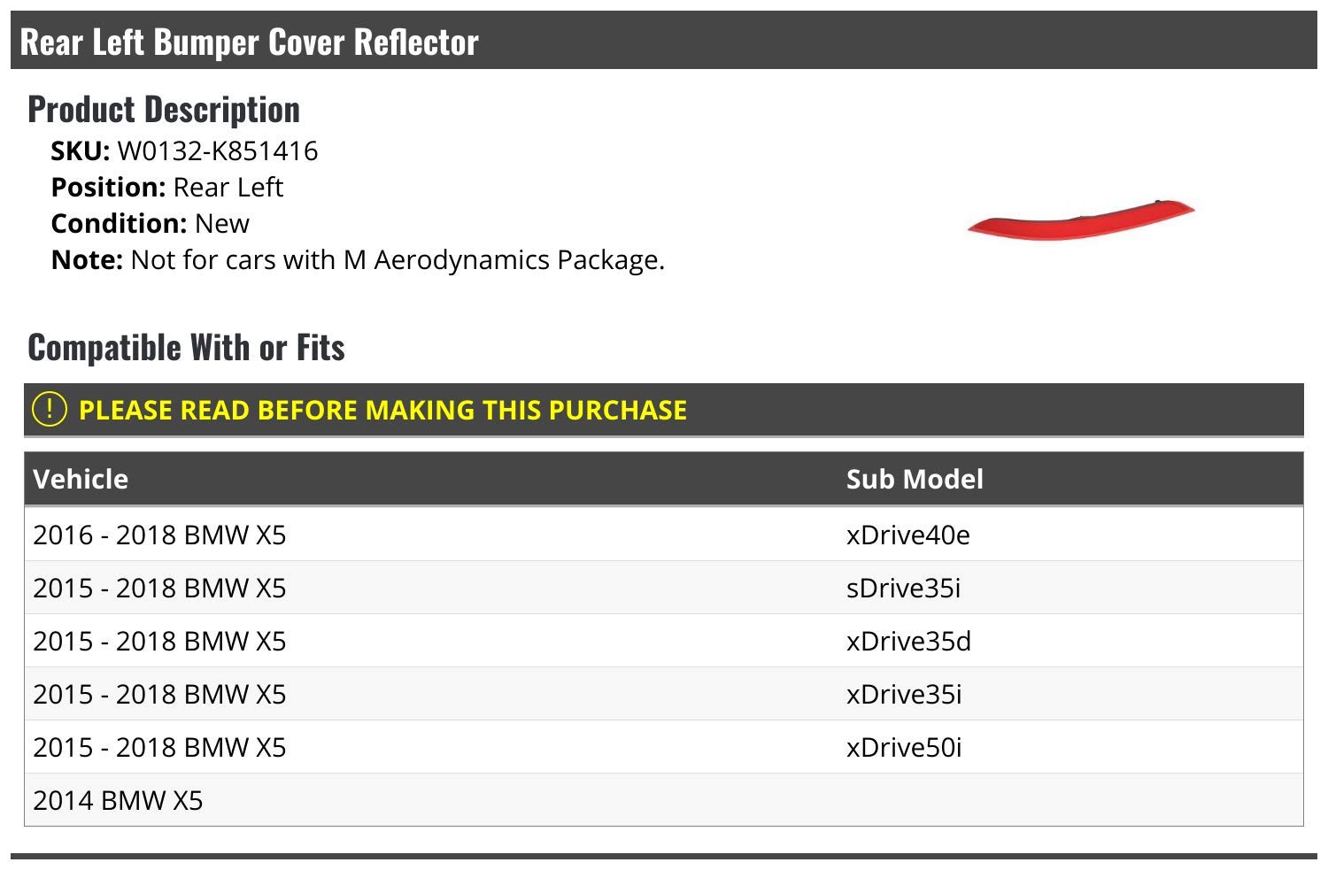 Marketplace Auto Parts Rear Left Driver Side Bumper Cover Reflector - Compatible with 2014-2018 BMW X5