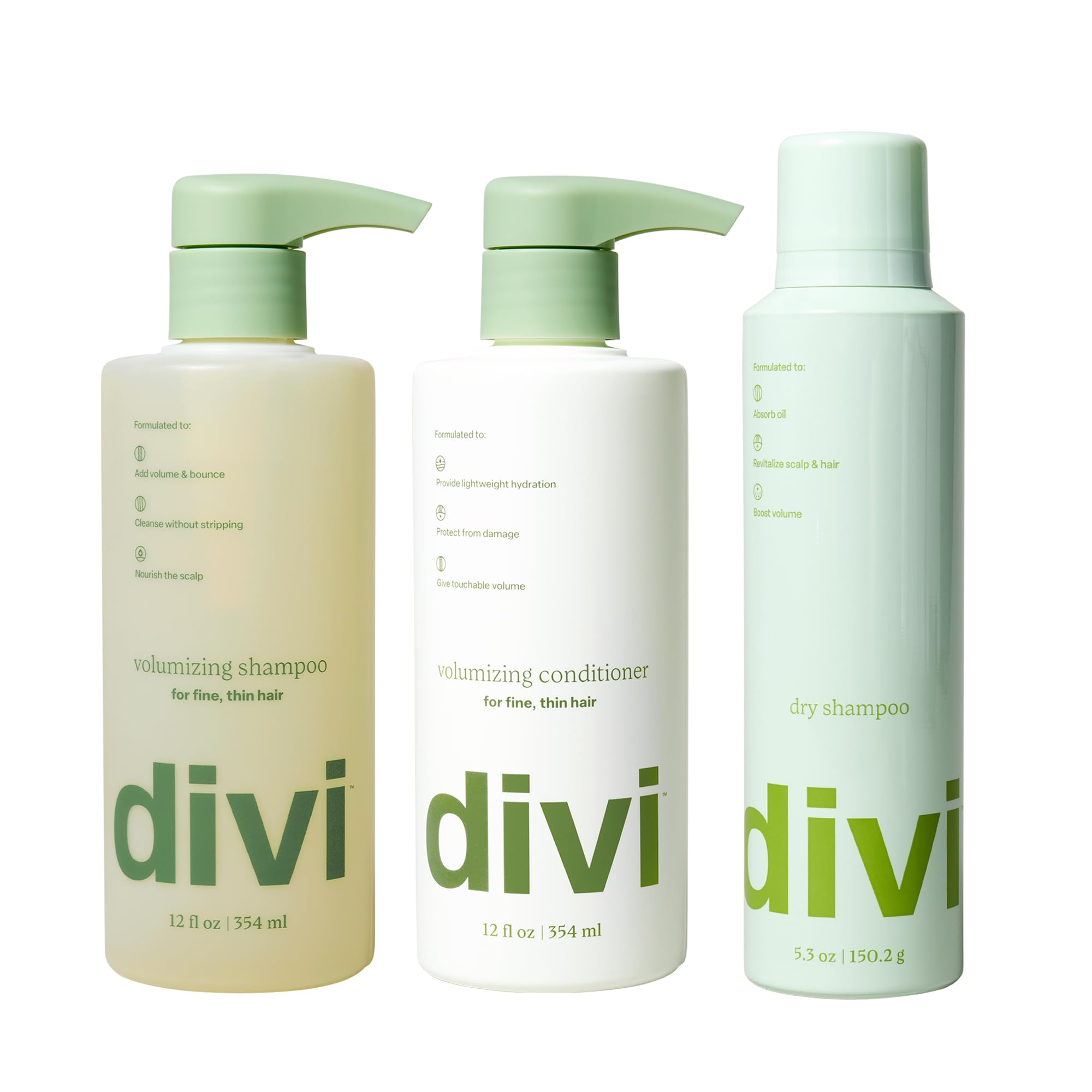 Divi Volumizing Hair Care Set, Full-Size Shampoo, Conditioner & Dry Shampoo