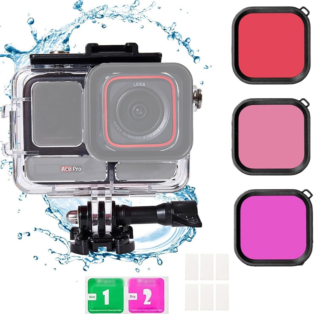 NovelGoal Waterproof Case for 360 Ace Pro Underwater Diving Housing Cover Protective Case for Insta Sports Camera Cover Shell Accessories (Case with Filter Kit)