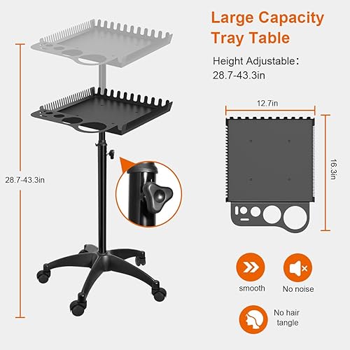 Miniatura 7 de Bandeja rodante de salón con 2 cuencos magnéticos, carrito de herramientas profesional, bandeja de extensión de cabello para peluqueros, bandeja de