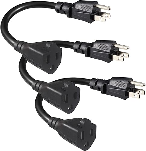 Paquete de 3 Cable de extensión de alimentación corto de 6 pulgadas, mini cable de extensión negro de 3 clavijas para interiores, cable de extensión
