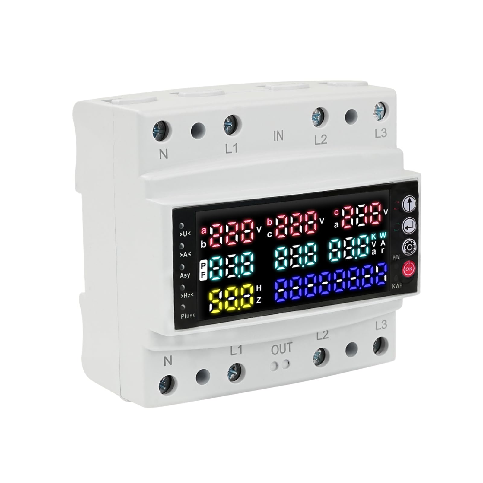 Contatore Energia Elettrica, 3 fasi Misuratore di Potenza Trifase con Display LCD Contatore Elettrico per Guida Protezione da Sovratensione/sottotensione Misuratore Consumo Elettrico AC 230V 100A
