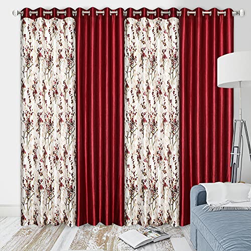 Image of 9 Feet Polyester Floral Light Filtering Long Door Curtains for Living Room, Bedroom & Hall, Eyelet Top, Maroon Printed and Solid Plain Curtain Set of 4