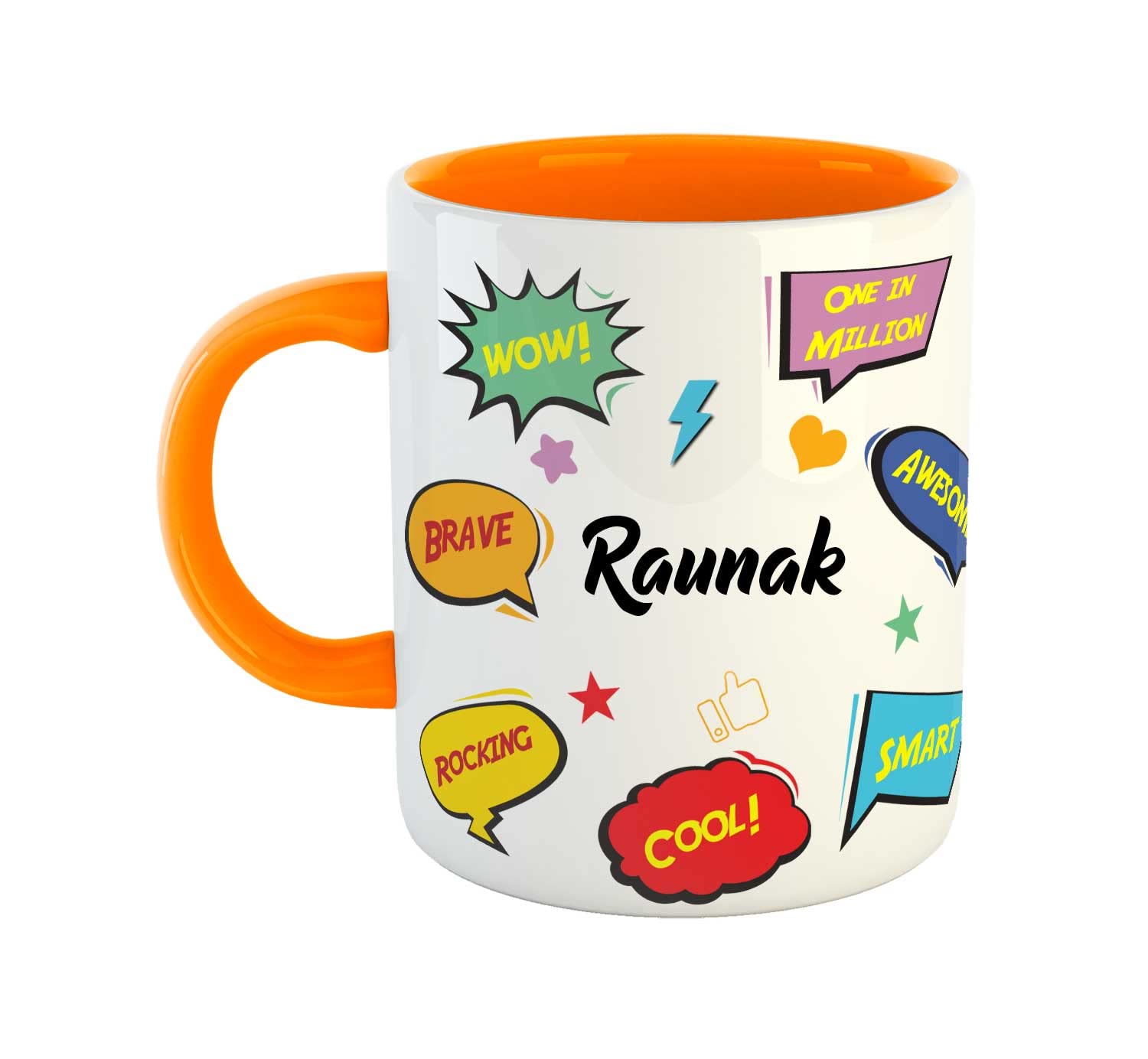 ASHVAH Personalised Raunak Name Ceramic Coffee Mug - Best Happy Birthday Gift for Son, Brother, Boyfriend, Husband, Kids Return Gift - Color - Orange, Name -Raunak