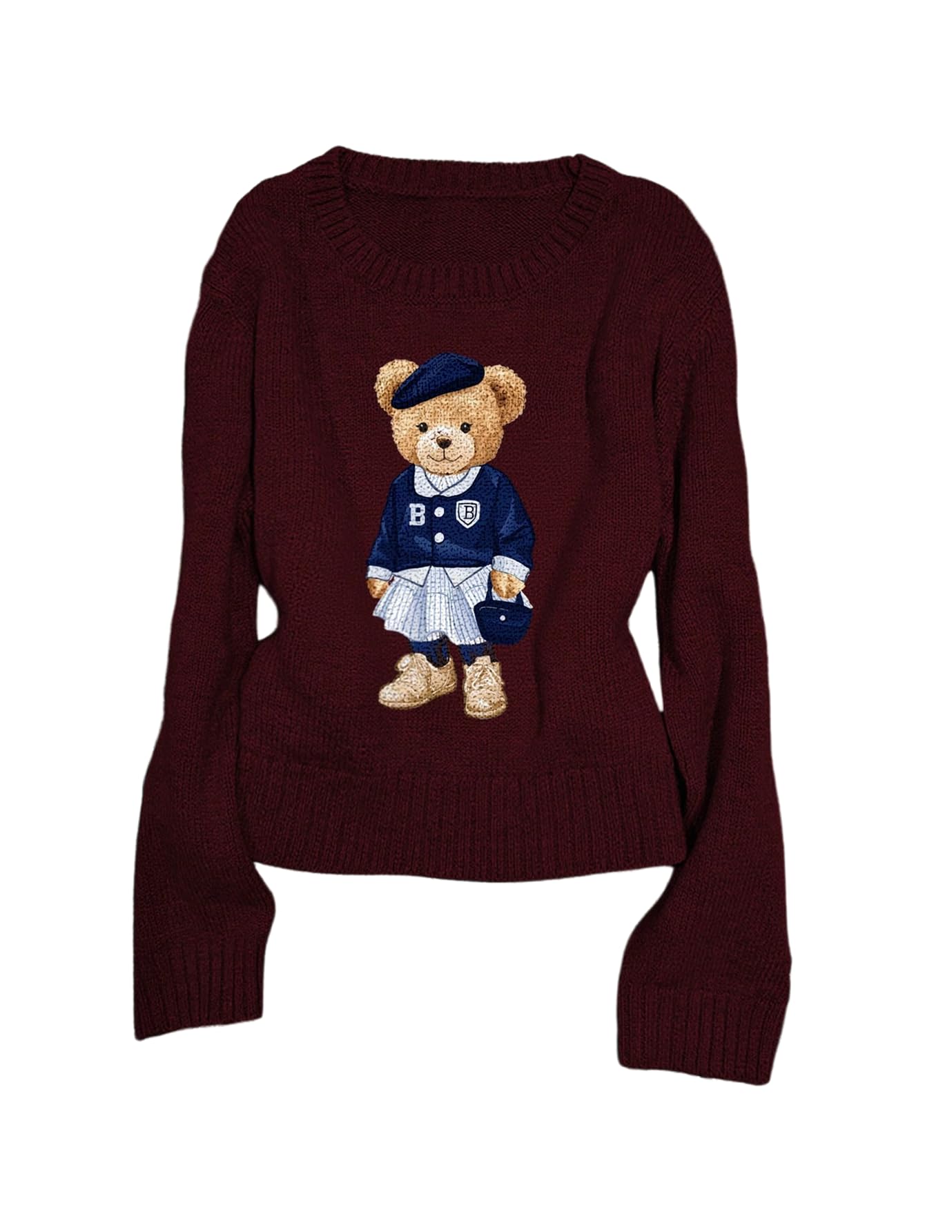 GORGLITTER Womens Bear Sweater Cute Long Sleeve Crew Neck Knitted Pullover Tops
