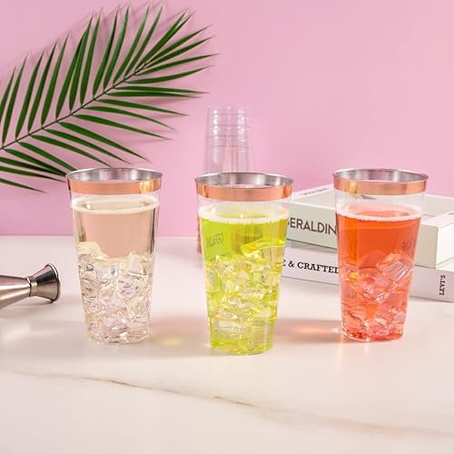 Miniatura 8 de LIYH - 100 vasos de plástico de oro rosa, vasos de plástico con borde de oro rosa de 16 onzas, elegantes tazas de boda de plástico transparente,