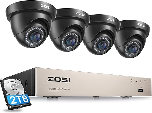 ZOSI Sistema de cámaras de seguridad para el hogar de 1080p con disco duro de 2 TB, 5MP Lite H.265+ 8CH 1080P CCTV DVR y 4 cámaras de vigilancia