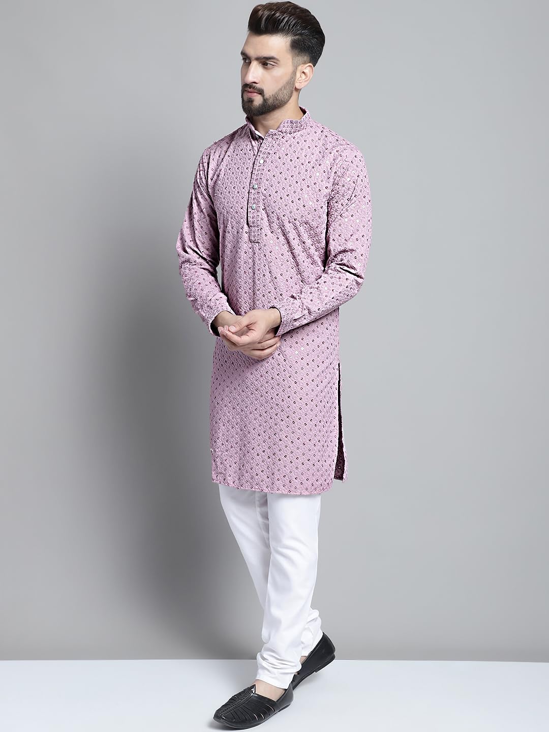 Jompers Men's Chikankari Embroidered And Sequence Kurta With Churidar (Light-Purple, S)
