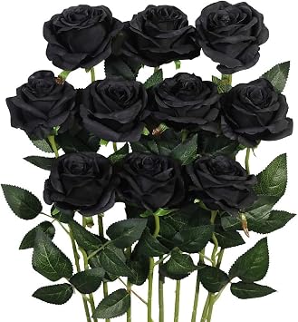 Artificial Black Roses with Stems, 10 Pack, 19.68 inch Long Silk Flowers, Wedding Home Decor