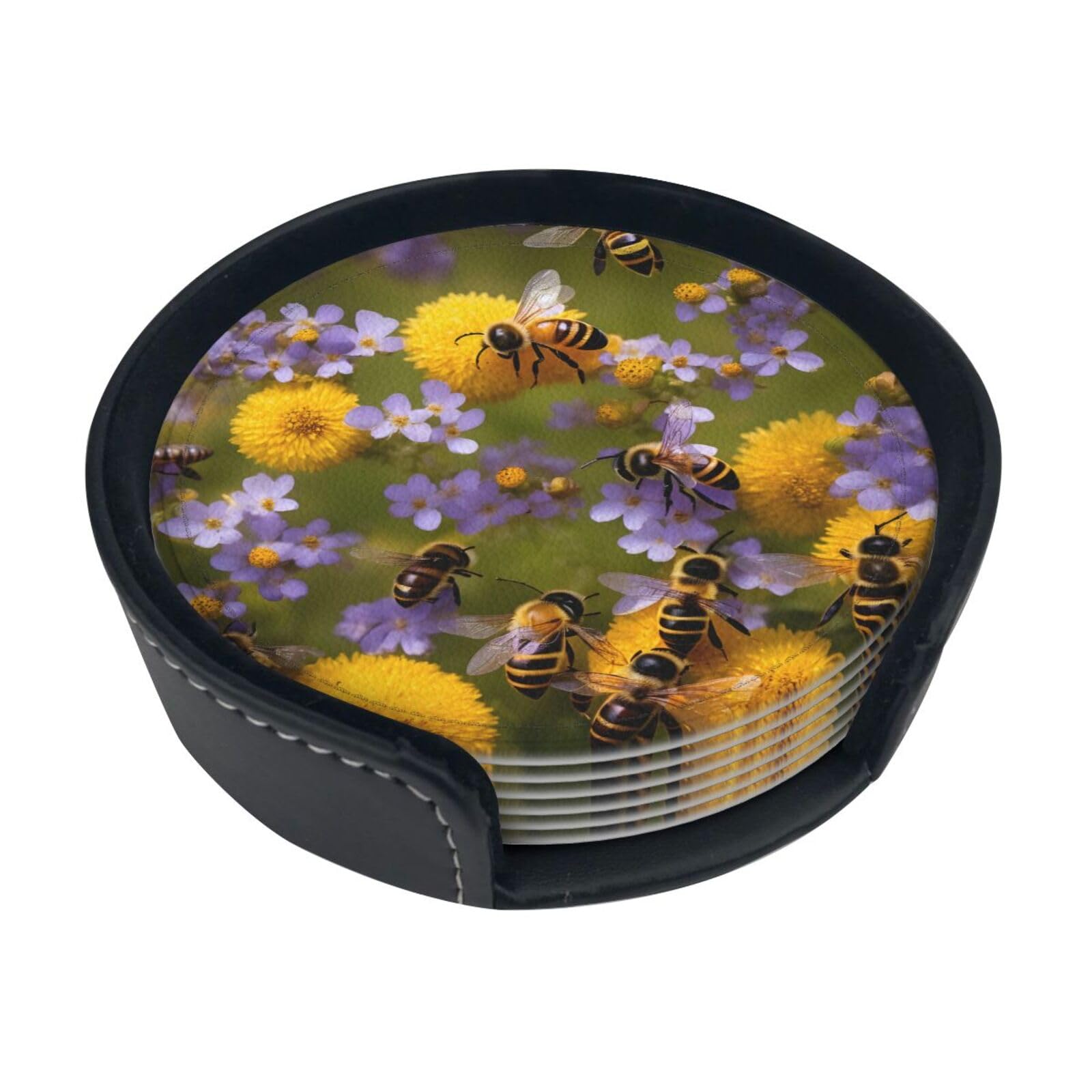 Rural Honey Bees Wildflowers Print Round Coasters Set Of 6,Coaster For Tabletop Protection Home Bar Decor