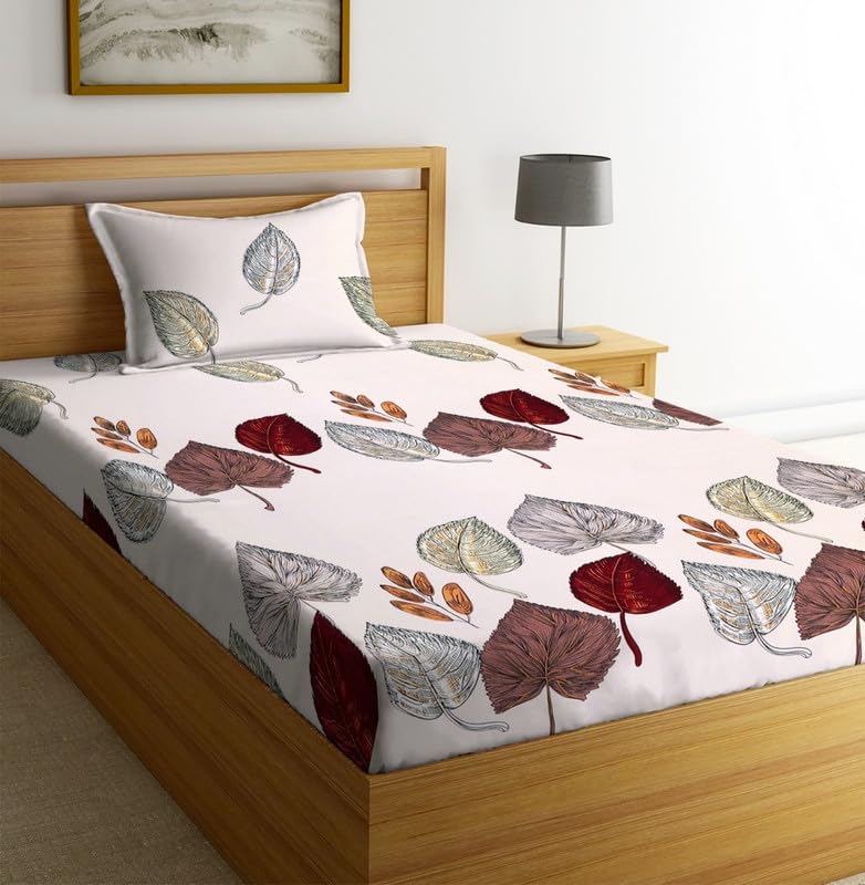 Image of Premium Glace Cotton 180 TC Flat Single Bedsheets for Summer Breathable | Wrinklefree (Size-60 X 90 Inch) with 1 Pillow Covers (Size-17 X 27 Inches, Beige)