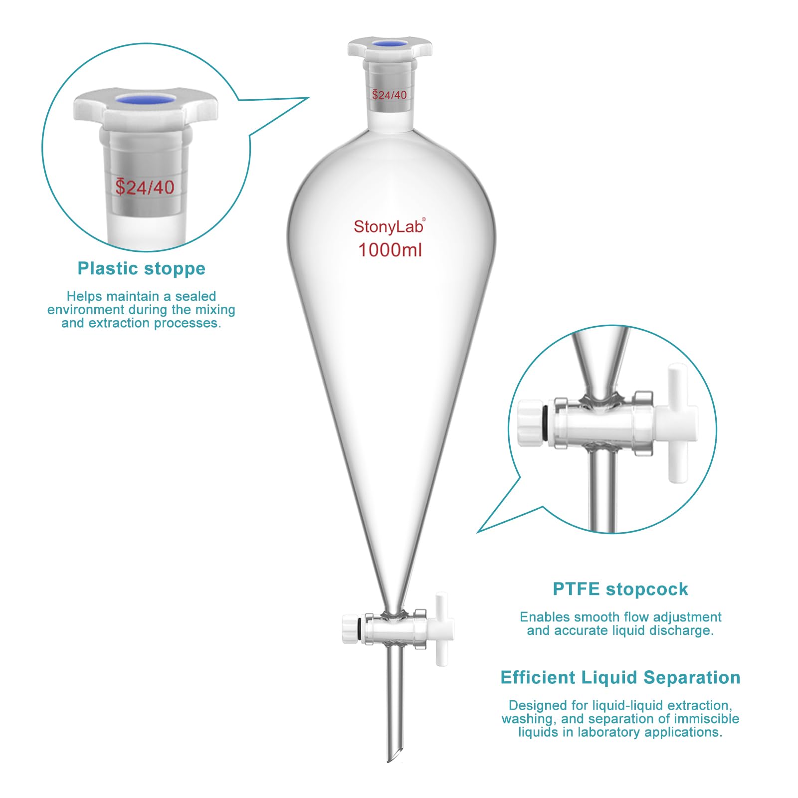 stonylab Ampoule à Décanter en Verre Borosilicaté avec Support de Laboratoire, Capacité 1000 ml, Rodage 24/40 et Robinet PTFE pour Extraction par Titrage