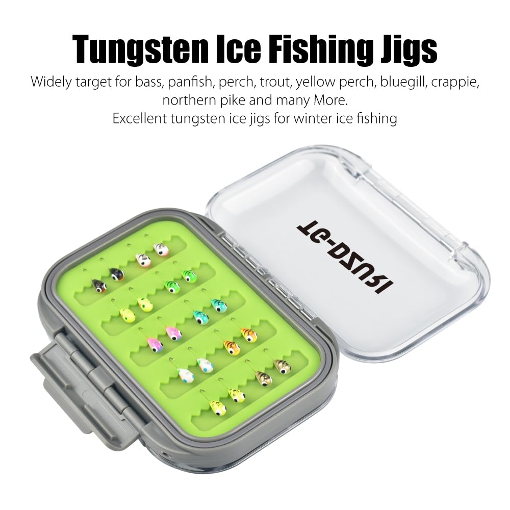 Wolfram-Eisfischen-Vorrichtungs-Set, 3,2/4/5 mm, leuchtet im Dunkeln, Tropfenform, Eisangeln, mit wasserdichter beidseitiger Jigbox, Sortiment 20/24/30