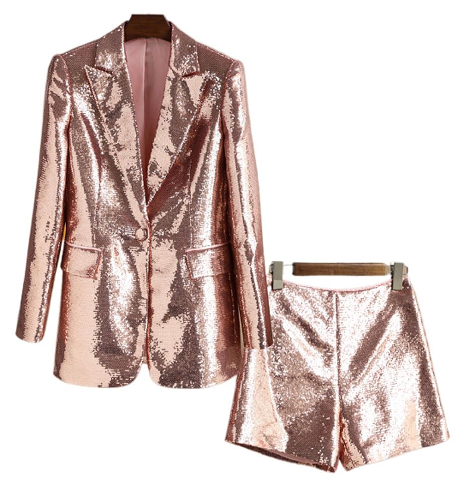 BotongSequin Blazer and Short Set for Women 2 PC Slim Fit Notch Lapel Prom Party Suit Women's Glitter Suit