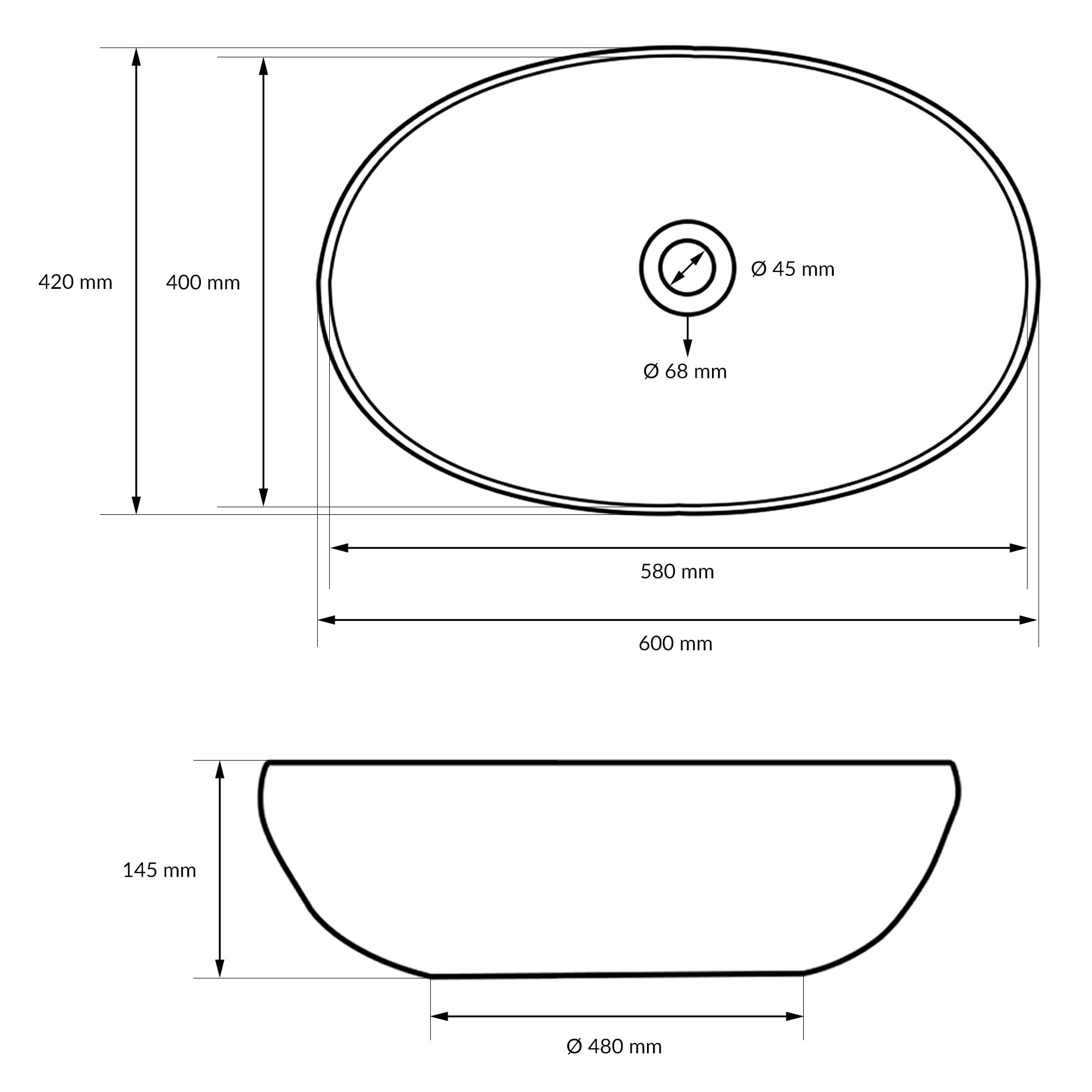 LuxeBath Waschbecken Keramik 600x420x145 mm, oval, Weiß mit Ablaufgarnitur Weiß, Aufsatzwaschbecken für Badezimmer/Gäste-WC, Modernes Aufsatzbecken, Waschtisch Waschschale Waschplatz Handwaschbecken