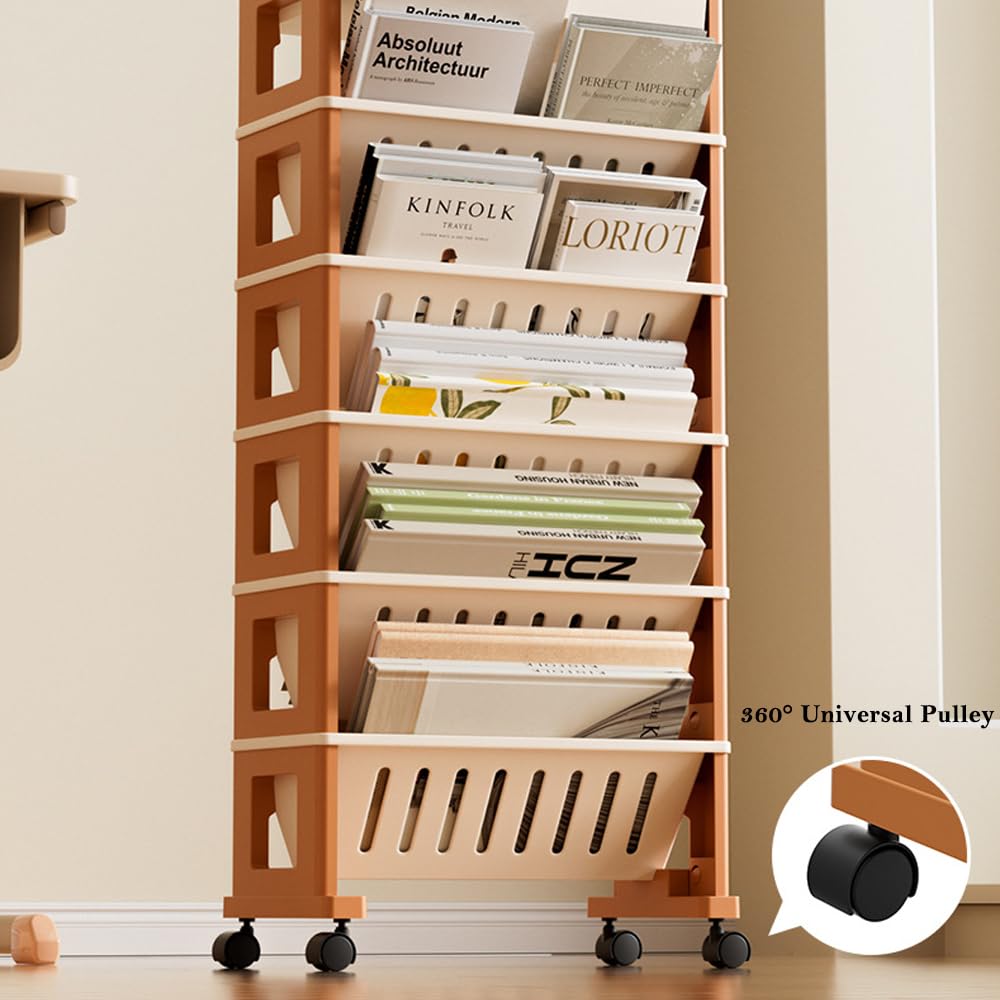 NUODWELL Mobiles Bücherregal mit Rollen, abnehmbarer Kunststoff-Aufbewahrungs-Organizer, Kinder-Bücherregal, großes Fassungsvermögen, Zeitschriftenständer, Buchwagen, Rollwagen für Büro, Wohnheim,