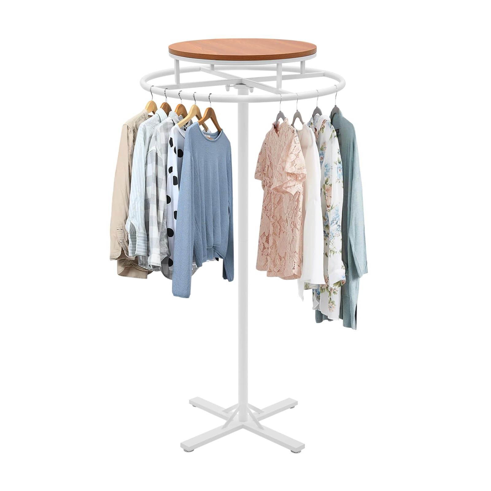 HPTHLY Rotatable Spiral Clothing Rack With Table – Freestanding Garment Display For Retail Stores, Boutiques & Fash Merching (White)